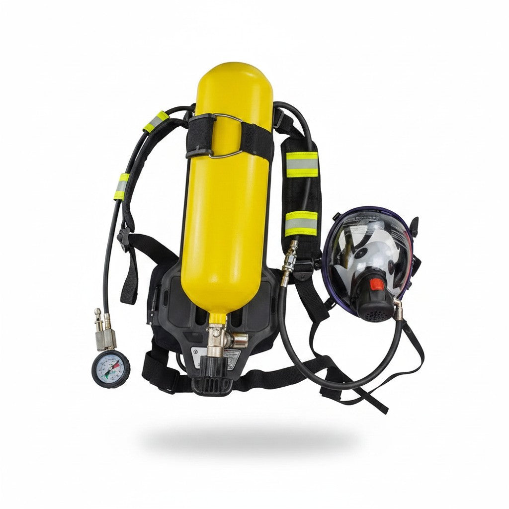 Equipo de respiración autónomo GERF SAFETY con cilindro de acero amarillo de 6L, máscara facial y manómetro integrado.