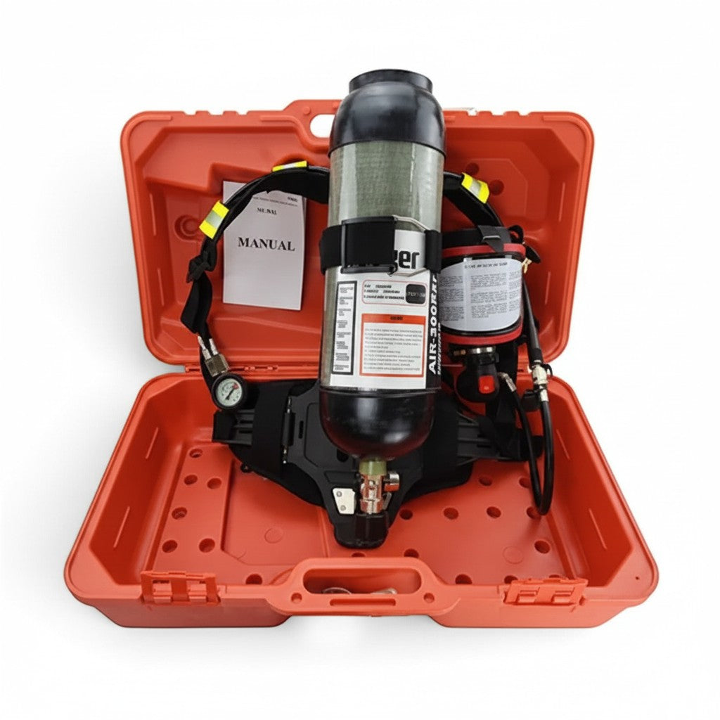 Equipo de respiración autónomo GERF SAFETY con cilindro de fibra de carbono de 6.8L en maletín de transporte naranja