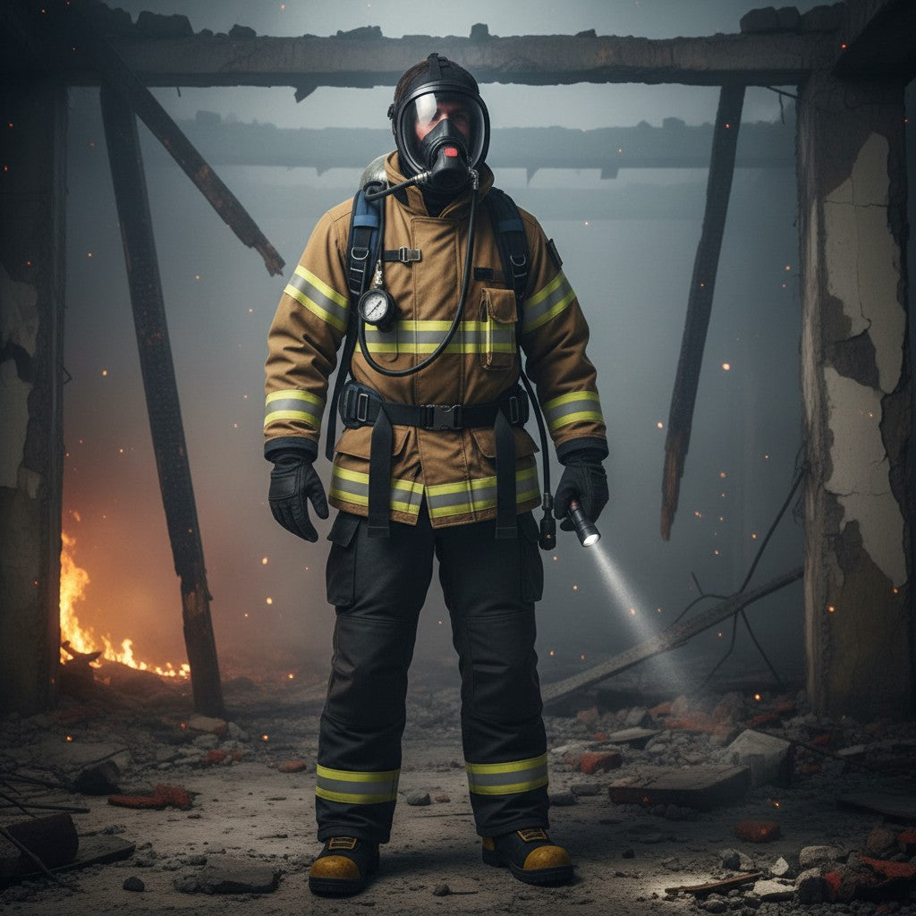 Bombero con equipo de respiración autónomo GERF SAFETY de 6.8L en un edificio en ruinas con fuego al fondo