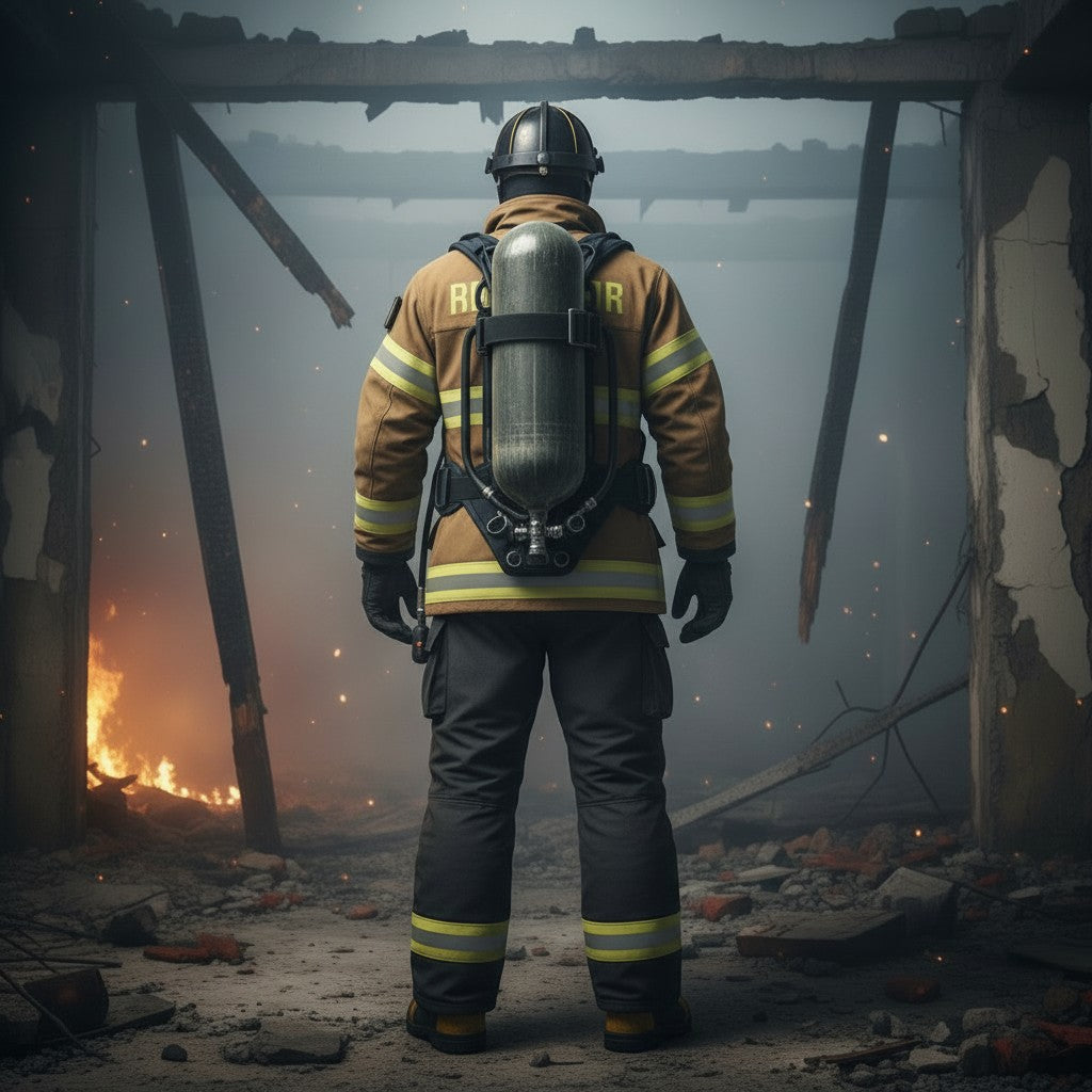 Bombero con equipo de respiración autónomo GERF SAFETY de fibra de carbono en un entorno de rescate con fuego y escombros