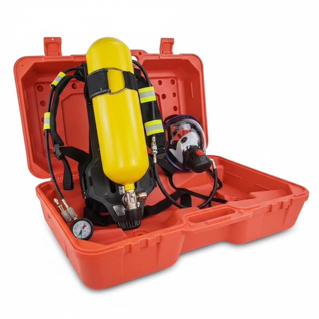 Equipo de respiración autónomo GERF SAFETY con cilindro amarillo de 6L y máscara en maletín de transporte naranja