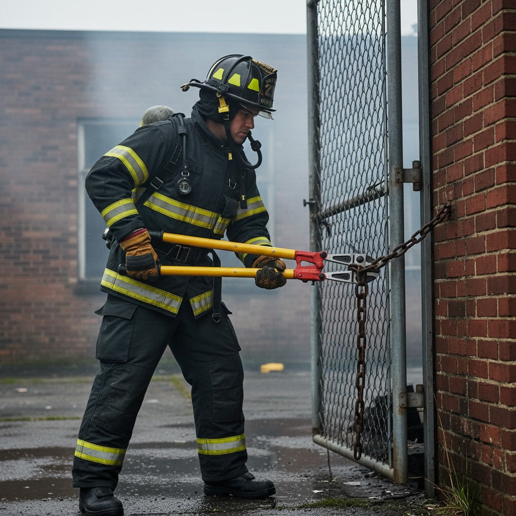 Bombero con equipo de protección GERF SAFETY usando cizalla aislante amarilla de 5000V para cortar una cadena metálica.