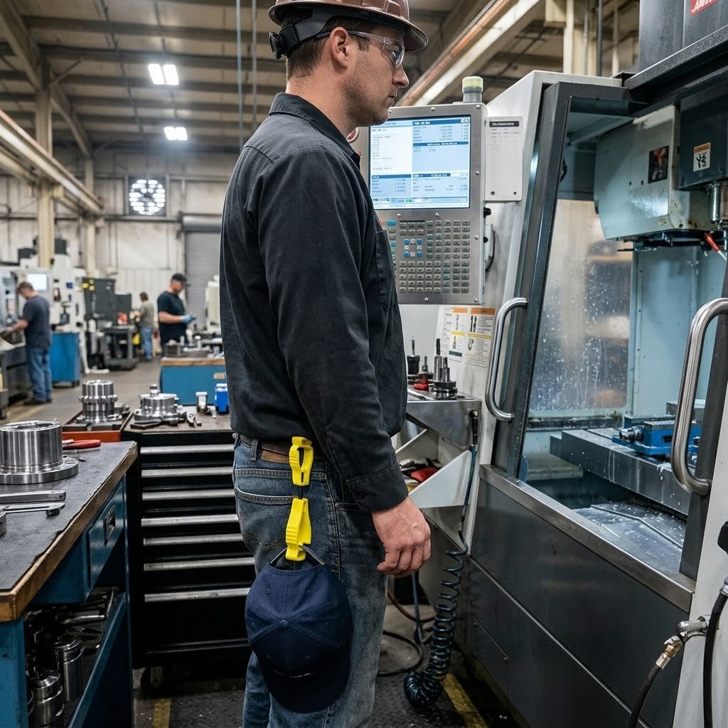 Trabajador con clip de cinturón GERF SAFETY amarillo fluorescente sujetando una gorra en un taller industrial.