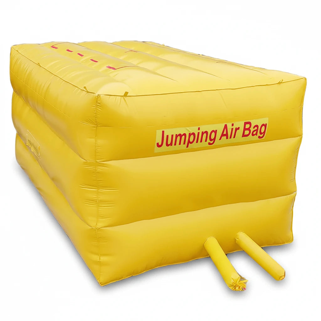 Colchón de aire de rescate ignífugo GERF SAFETY de color amarillo para evacuación en altura con sistema de inflado