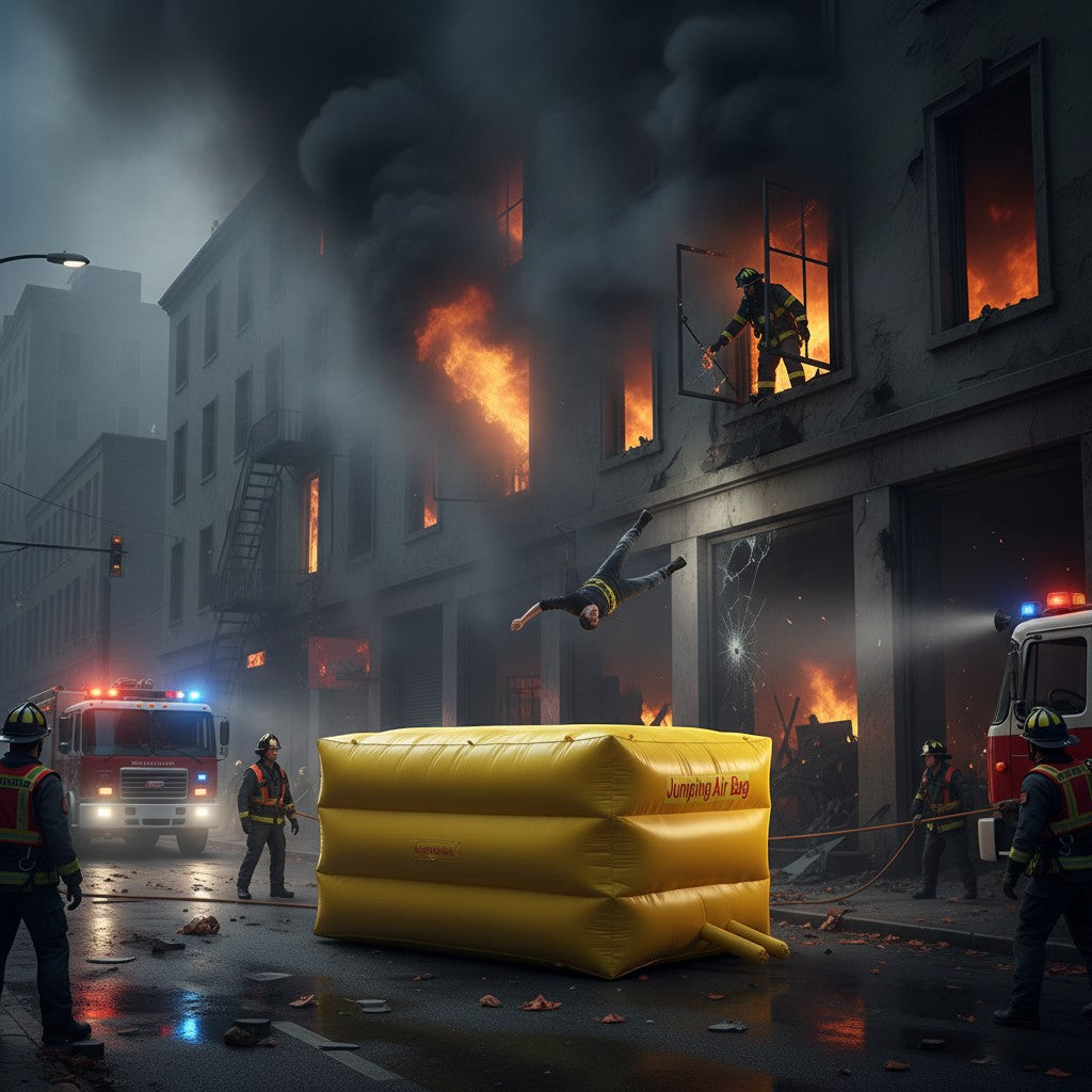 Colchón de aire de rescate ignífugo GERF SAFETY inflado en una escena de emergencia con bomberos y edificio en llamas