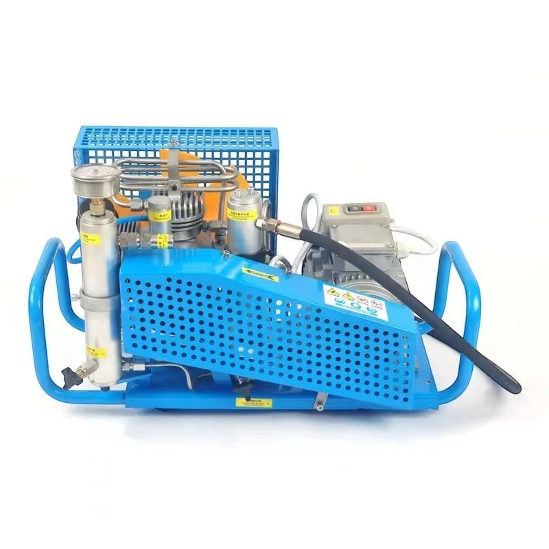 Compresor de aire de alta presión GERF SAFETY 300 bar para recarga de cilindros SCBA, diseño compacto azul y plateado.