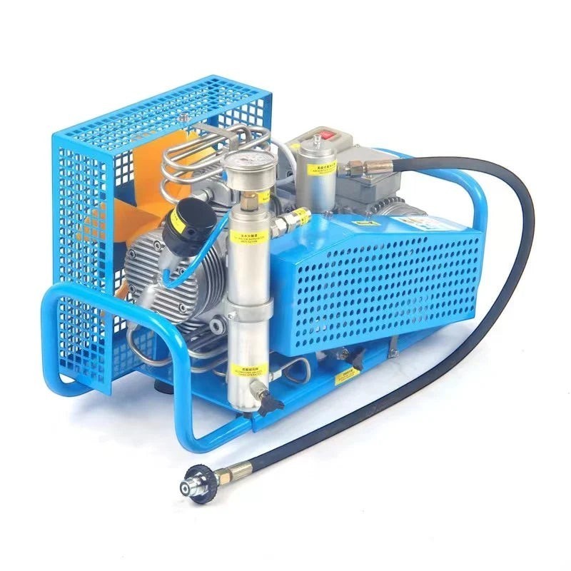 Compresor de aire de alta presión GERF SAFETY 300 bar con estructura azul, ideal para recarga de cilindros SCBA.