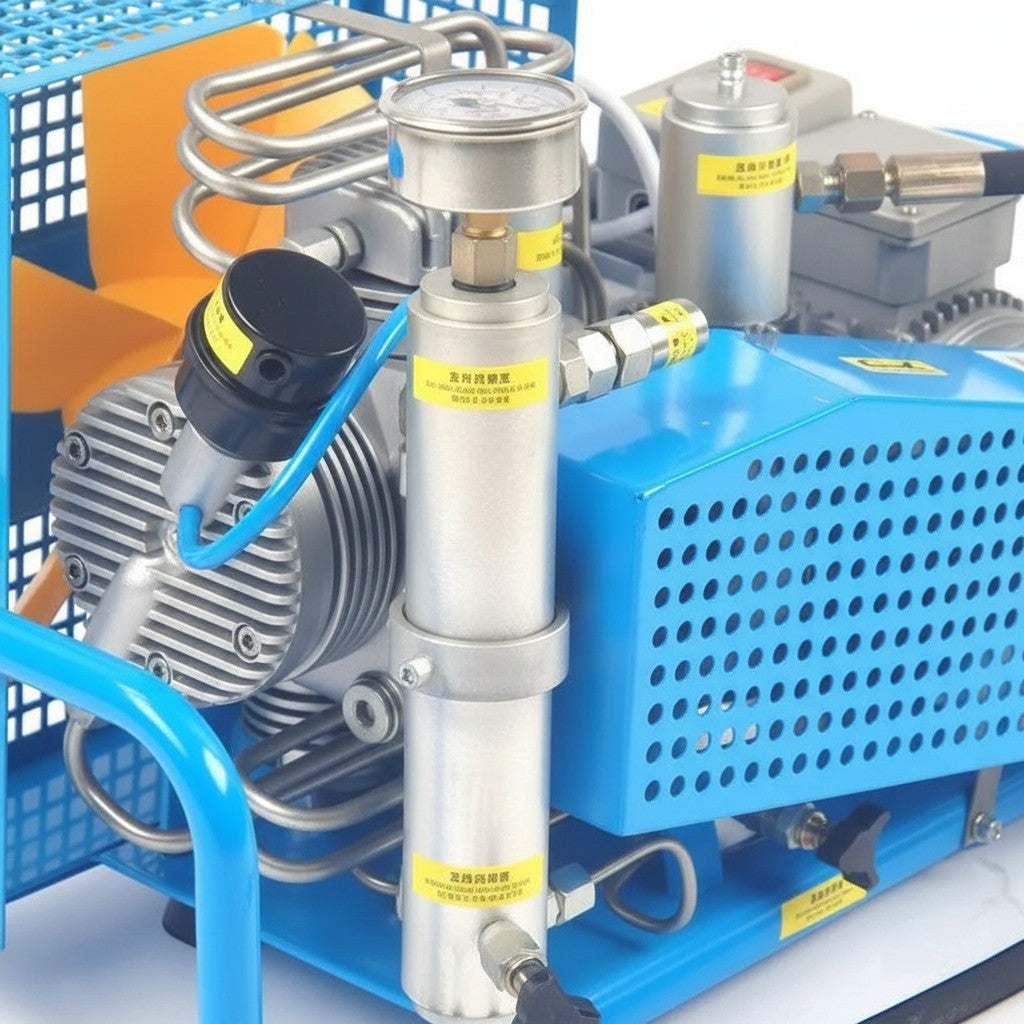 Compresor de aire de alta presión GERF SAFETY 300 bar con sistema de purificación y estructura azul y plateada.