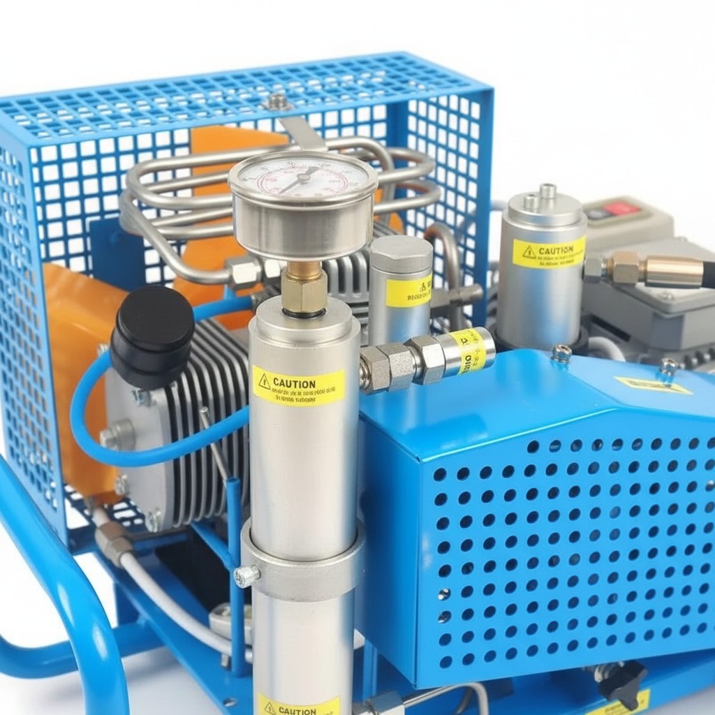 Compresor de aire de alta presión GERF SAFETY 300 bar para recarga SCBA con manómetro y estructura metálica azul