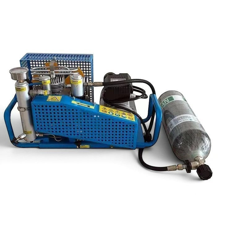 Compresor de aire de alta presión GERF SAFETY 300 bar con cilindro SCBA, diseño compacto azul y plateado.