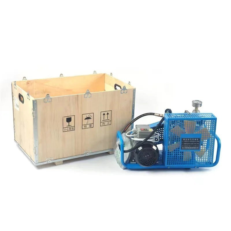 Compresor de aire de alta presión GERF SAFETY de 300 bar con caja de madera para transporte y protección