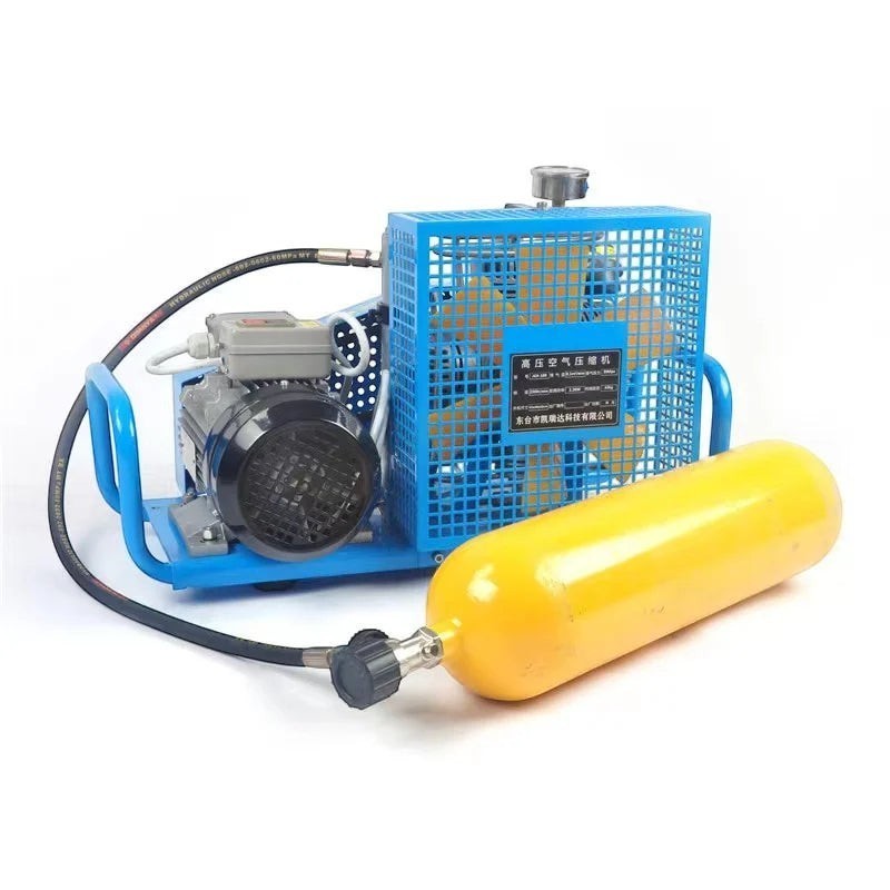 Compresor de aire de alta presión GERF SAFETY de 300 bar con estructura azul y cilindro amarillo para recarga SCBA