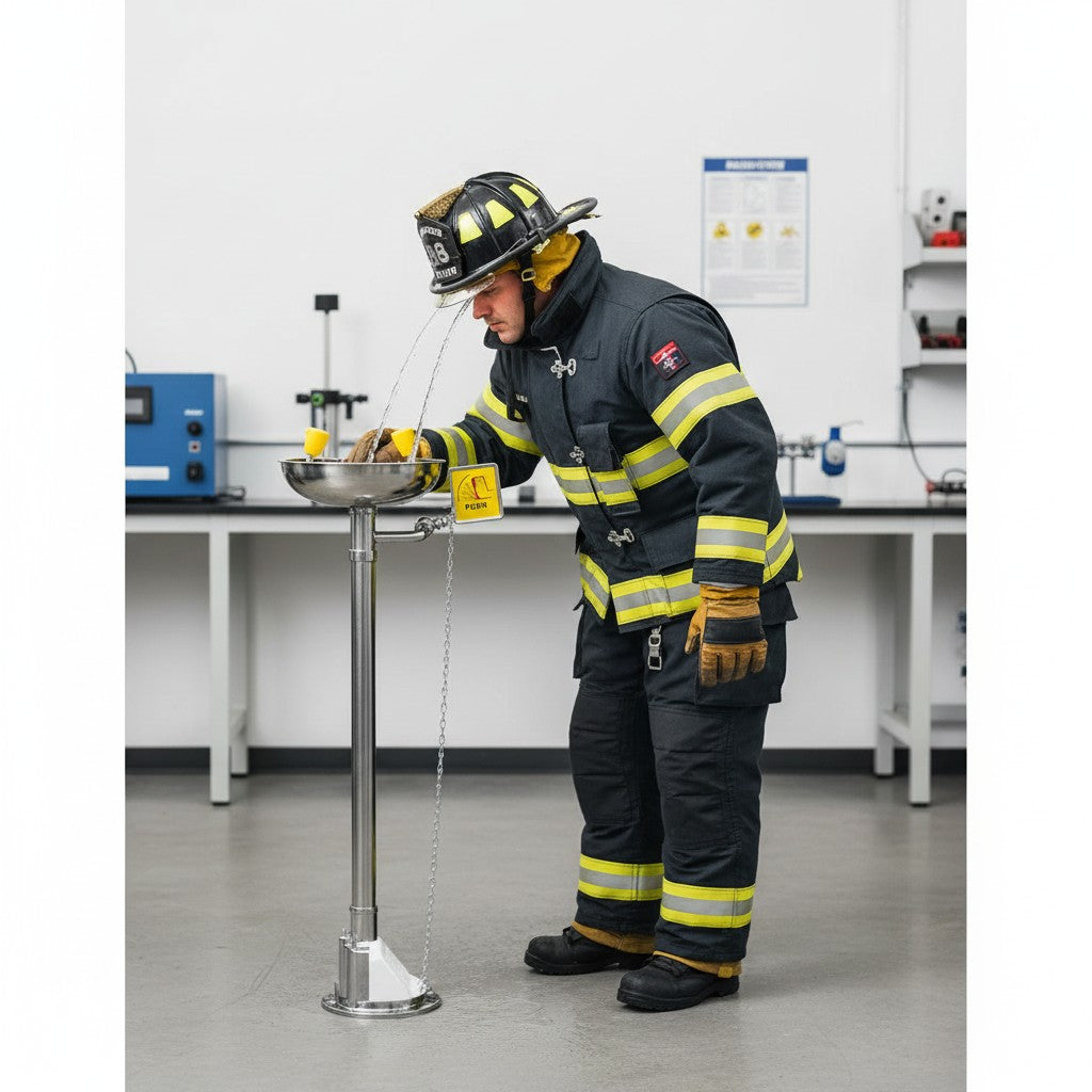 Bombero usando estación de lavado de ojos de acero inoxidable GERF SAFETY en entorno industrial