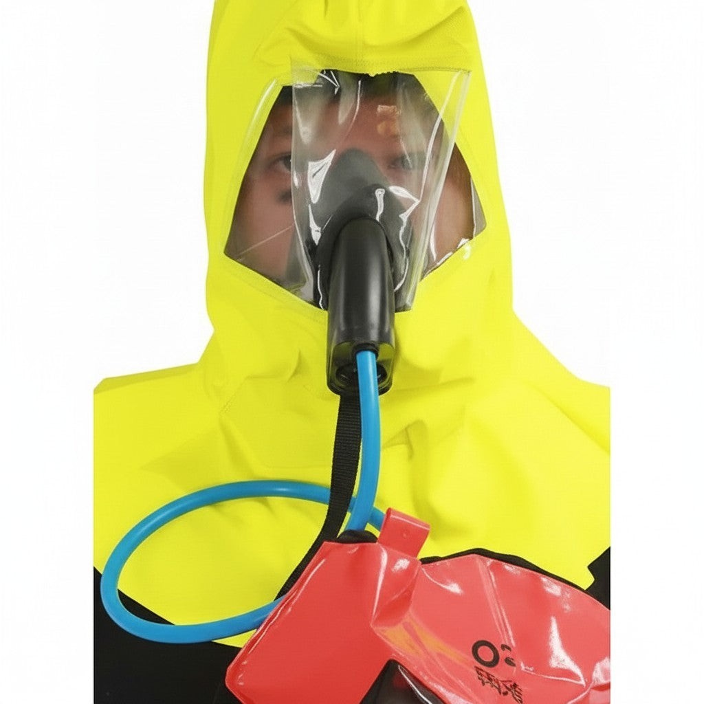 Persona usando GERF SAFETY EEBD15, equipo de respiración de emergencia amarillo con capucha y máscara de aire.
