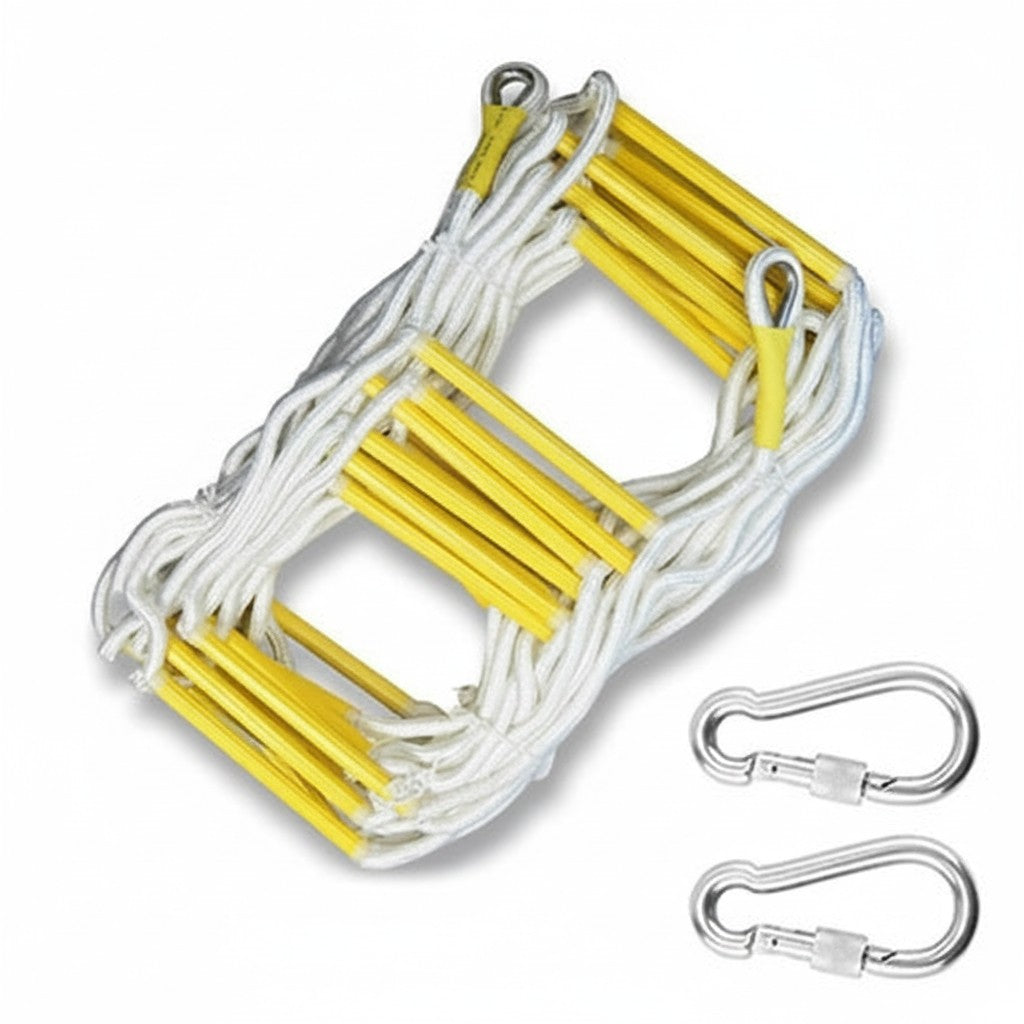 Escalera de escape GERF SAFETY de nailon blanco y peldaños amarillos de poliuretano con ganchos de anclaje metálicos