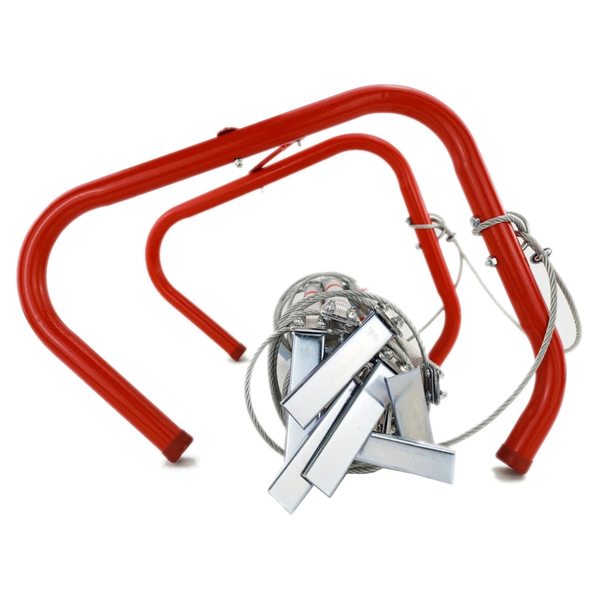 Escalera de escape GERF SAFETY de acero galvanizado con peldaños de aluminio y abrazadera roja de alta resistencia.
