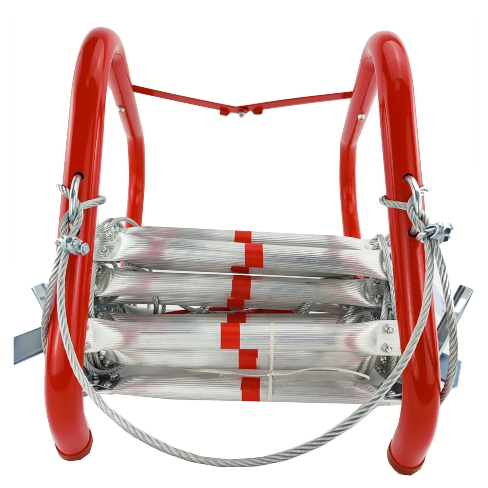 Escalera de escape GERF SAFETY de acero galvanizado y peldaños de aluminio plegada con estructura roja de soporte