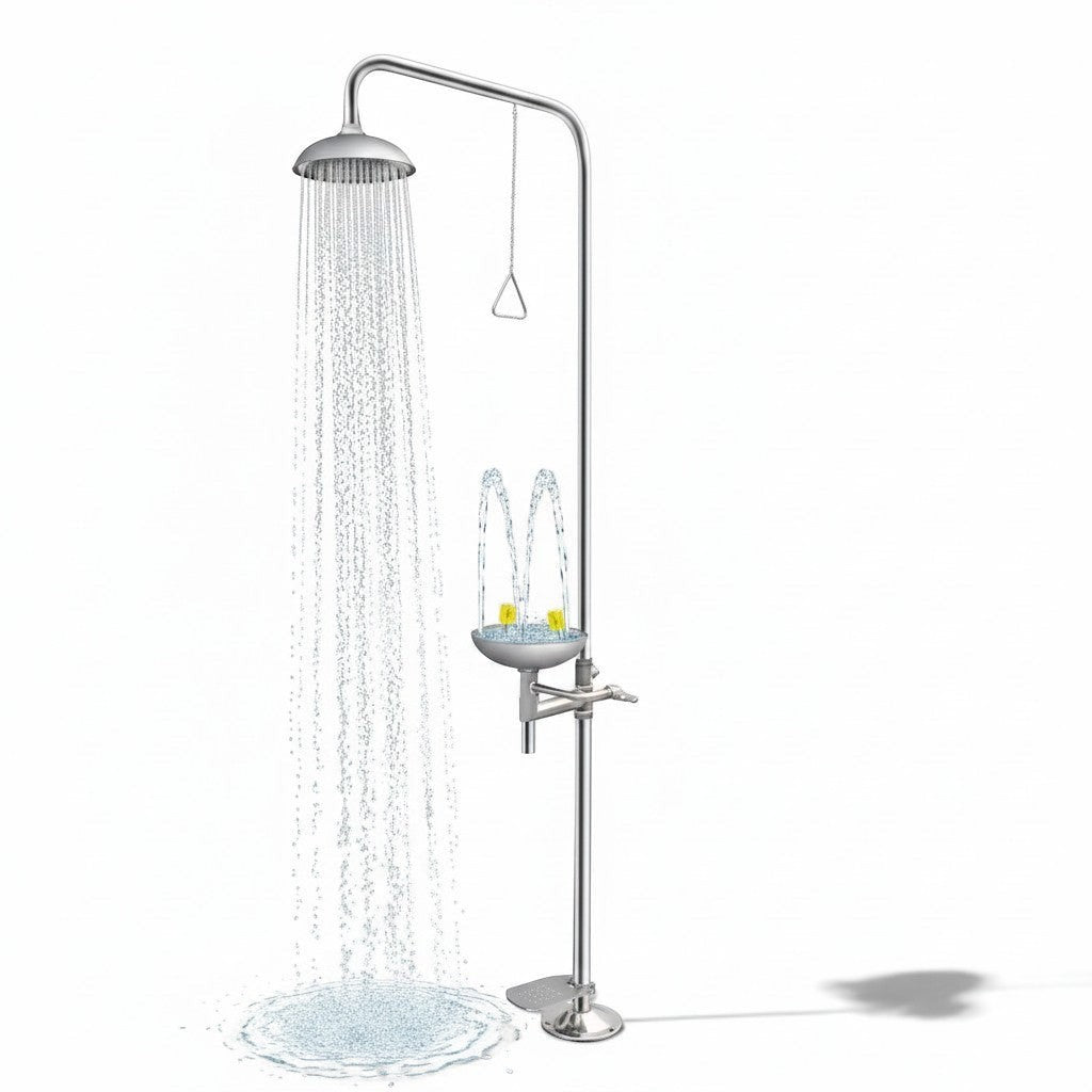 Estación combinada GERF SAFETY de ducha de emergencia y lavado de ojos en acero inoxidable con goteo superior activo.
