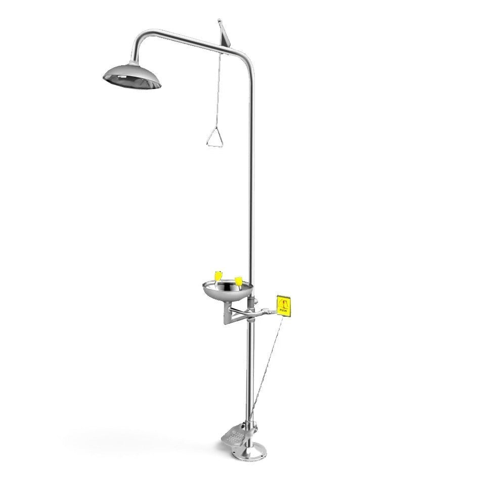 Estación combinada de ducha y lavado de ojos GERF SAFETY de acero inoxidable con goteo rotativo y diseño industrial.