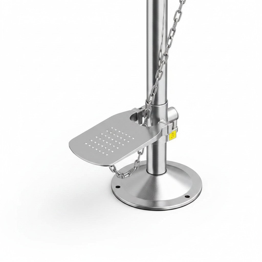 Estación combinada GERF SAFETY de ducha y lavado de ojos en acero inoxidable con pedal de pie para activación rápida.