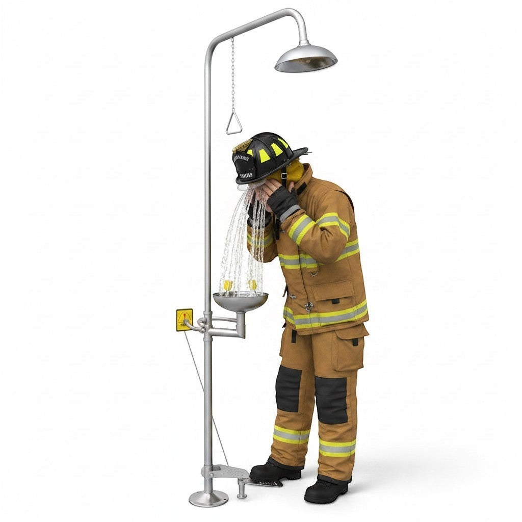 Bombero usando estación combinada GERF SAFETY de ducha de emergencia y lavado de ojos en acero inoxidable.