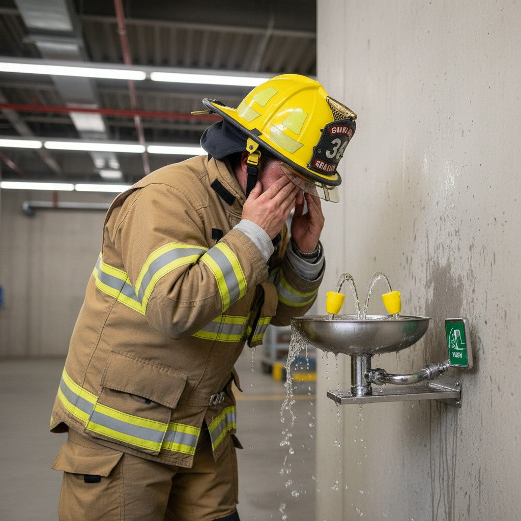 Bombero usando estación de lavado de ojos de pared GERF SAFETY de acero inoxidable con activación manual en entorno industrial
