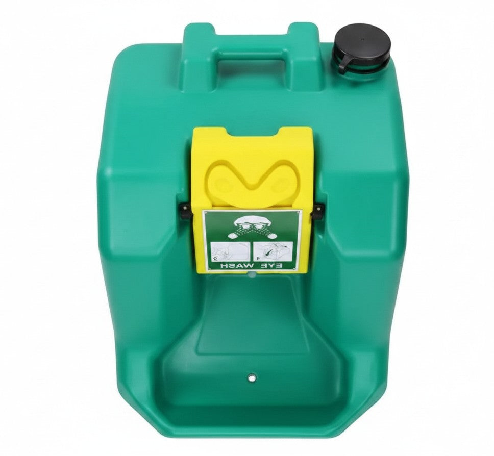 Estación portátil de lavado de ojos GERF SAFETY de polietileno verde con tapa amarilla para emergencias industriales