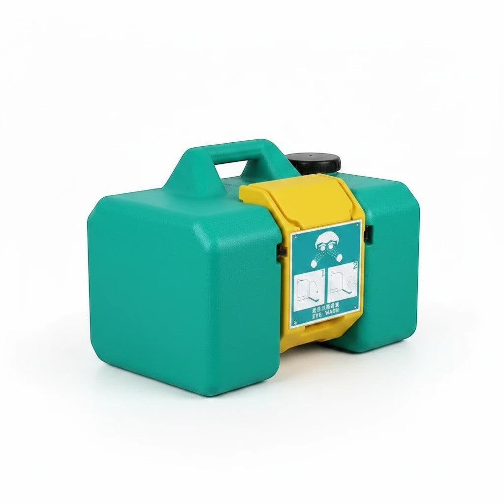 Estación portátil de lavado de ojos de emergencia GERF SAFETY de color verde y amarillo fabricada en polietileno