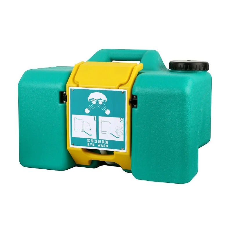 Estación portátil de lavado de ojos de emergencia GERF SAFETY en color verde y amarillo, fabricada en polietileno.