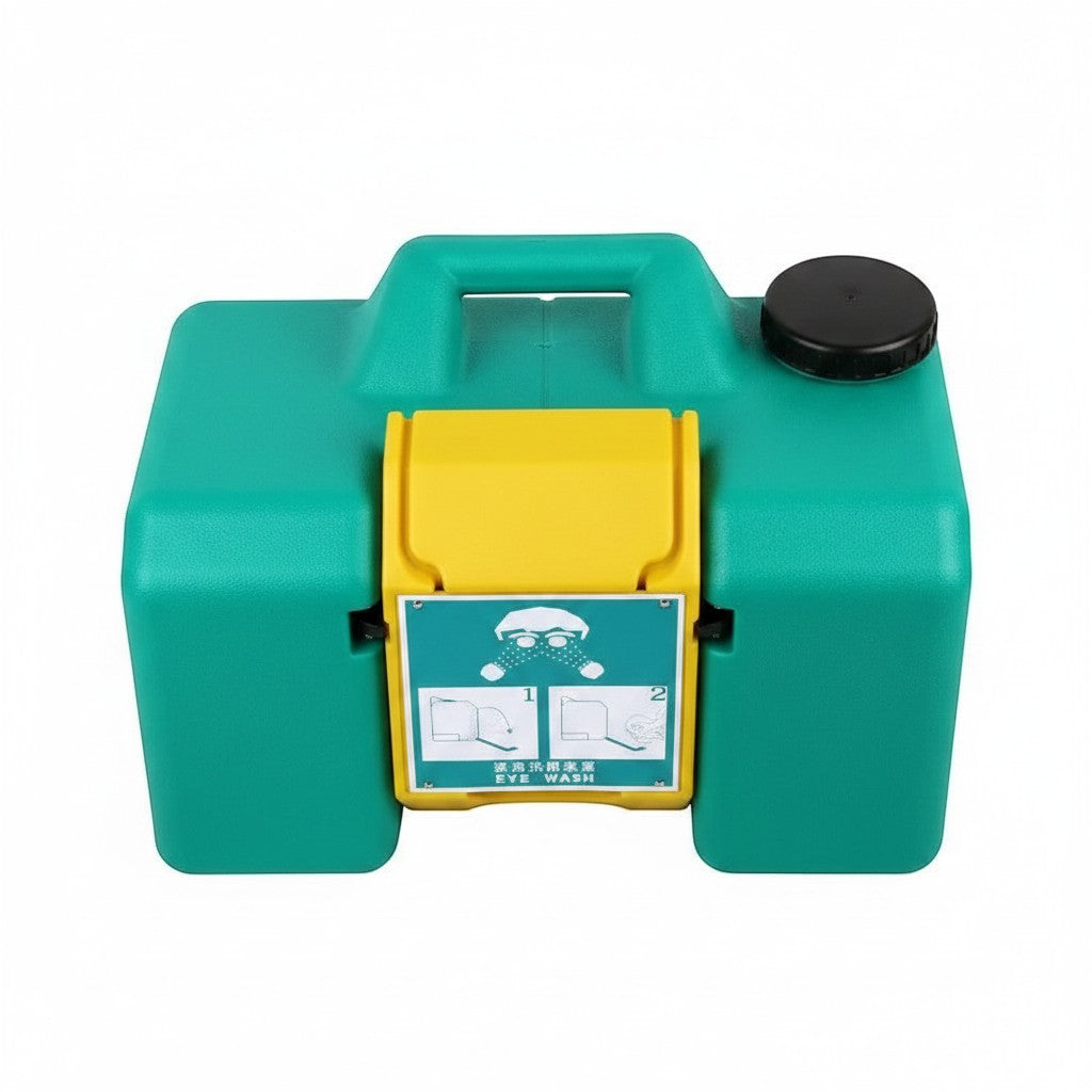 Estación portátil de lavado de ojos de emergencia GERF SAFETY en color verde con tapa amarilla y tanque de polietileno