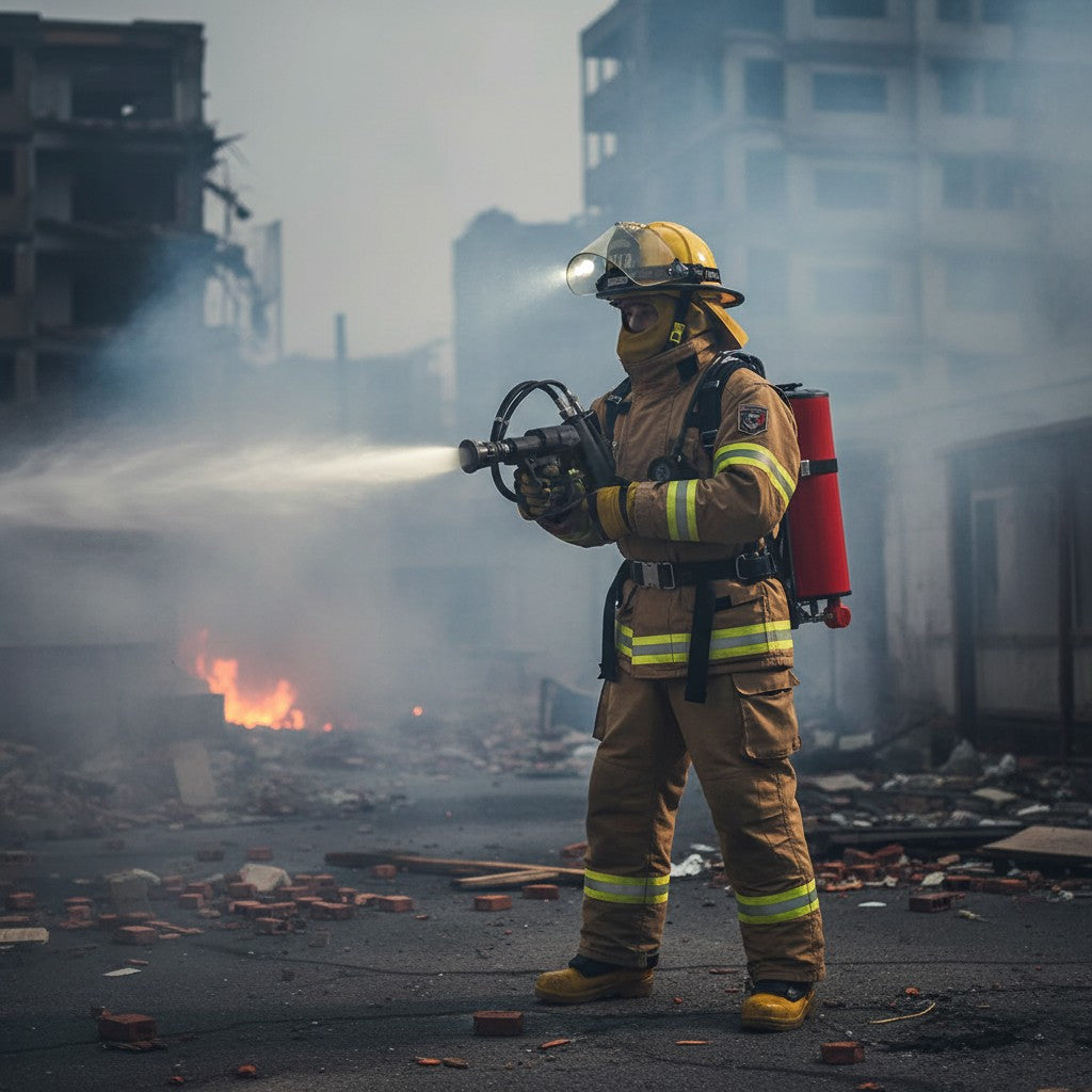 Bombero con extintor de niebla de agua GERF SAFETY de 12L operando en una zona de incendio urbano con equipo completo.
