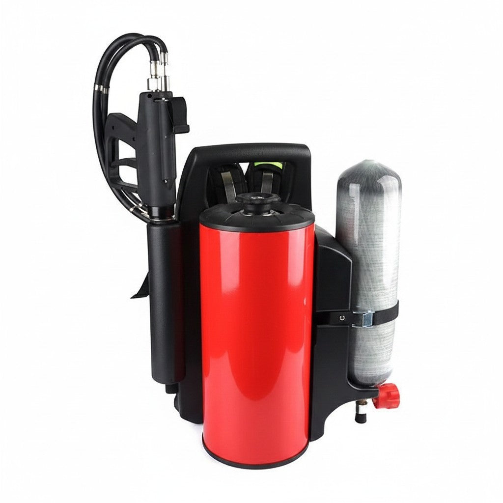 Extintor de niebla de agua GERF SAFETY de 12L con cilindro rojo y tanque de gas, diseño portátil tipo mochila.