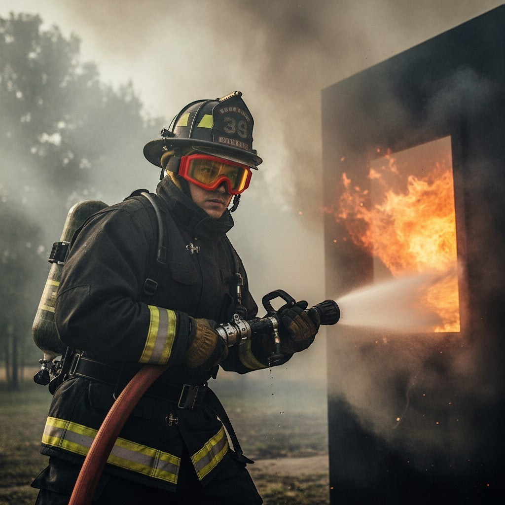 Bombero con equipo de protección GERF SAFETY y gafas antiniebla con lente amarilla en un entrenamiento de extinción