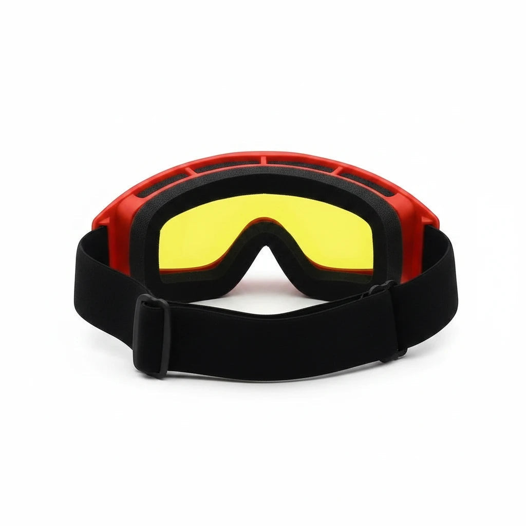 Gafas de seguridad GERF SAFETY ignífugas con montura roja, lente amarilla reemplazable y correa elástica negra.
