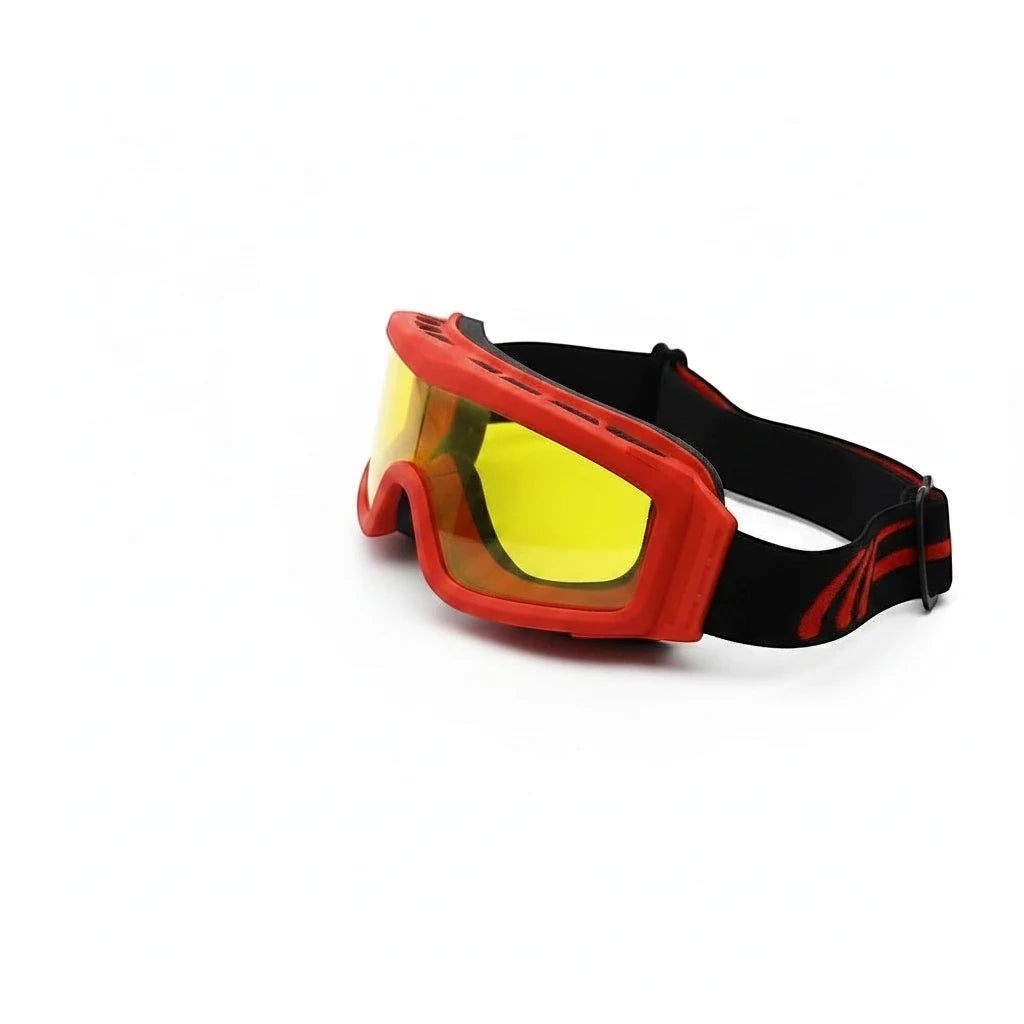 Gafas de seguridad GERF SAFETY ignífugas con montura roja, lente amarilla antiniebla y correa ajustable para bomberos.