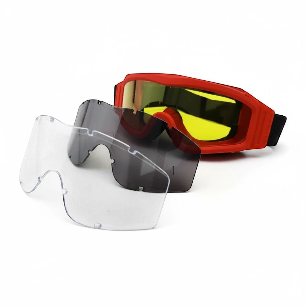 Gafas de seguridad GERF SAFETY ignífugas con montura roja y tres lentes intercambiables: amarilla, oscura y clara.