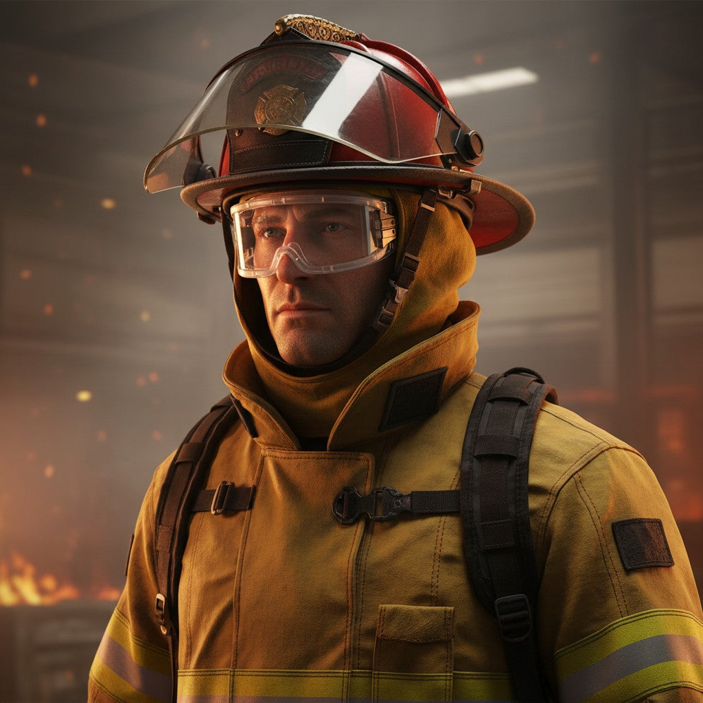 Bombero con gafas de protección GERF SAFETY antiniebla y antipolvo certificadas CE EN166 con lente de policarbonato