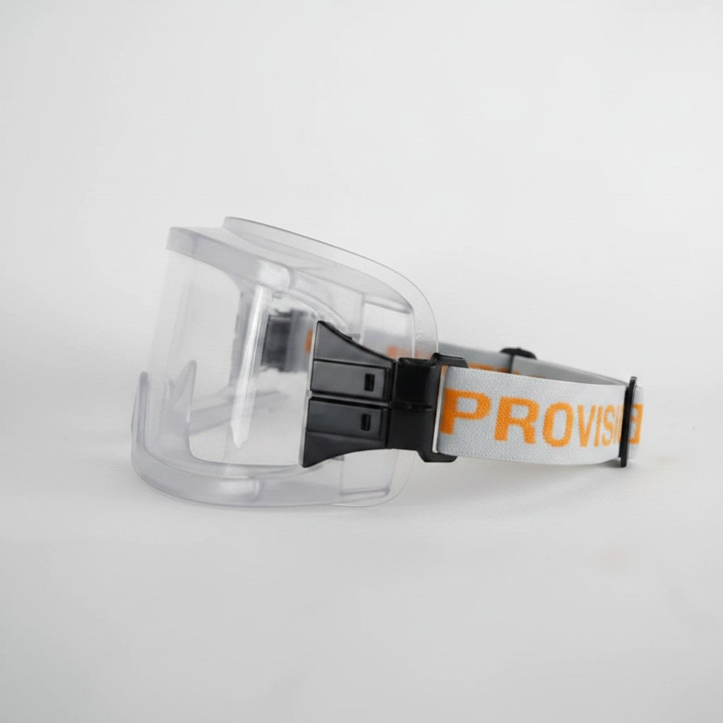 Gafas de protección GERF SAFETY con lente transparente de policarbonato, montura de PVC y banda elástica ajustable.