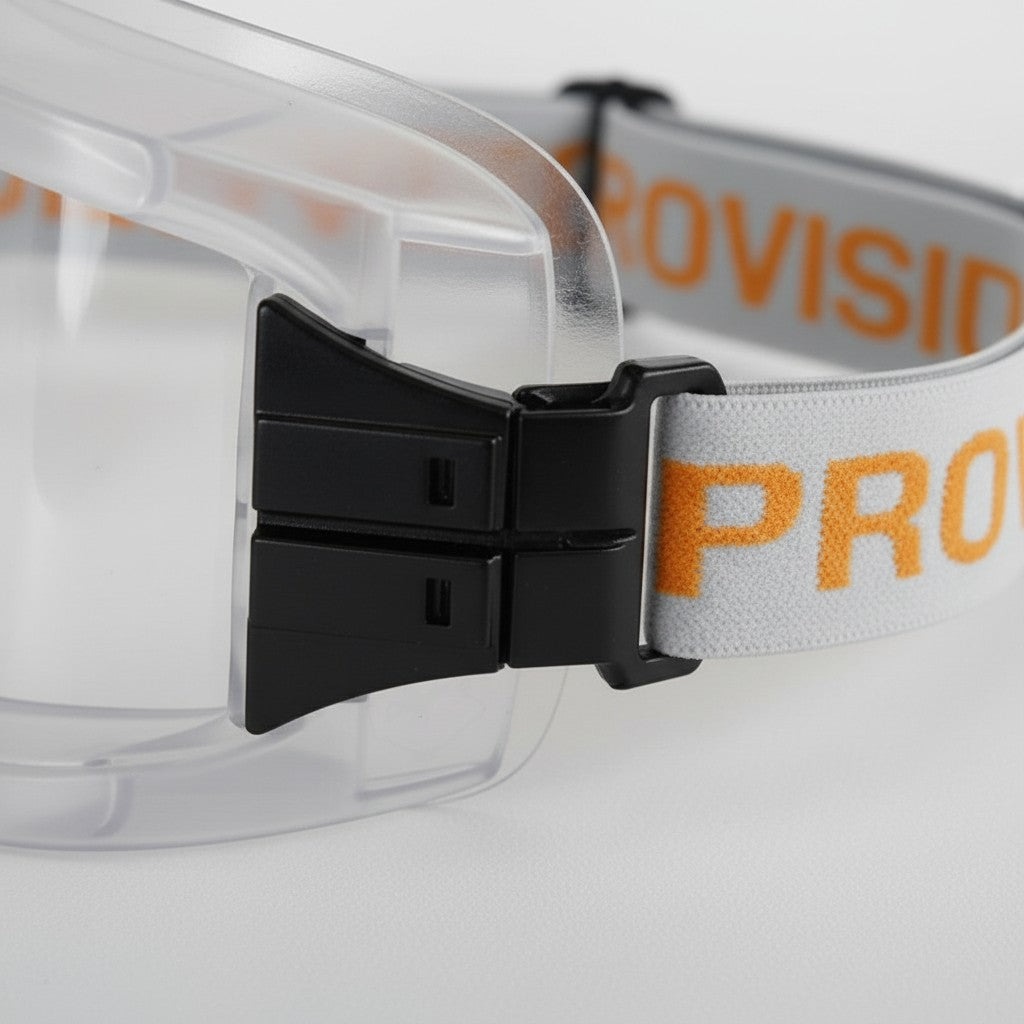 Gafas de protección GERF SAFETY con lente transparente, montura de PVC y banda elástica ajustable para bomberos.