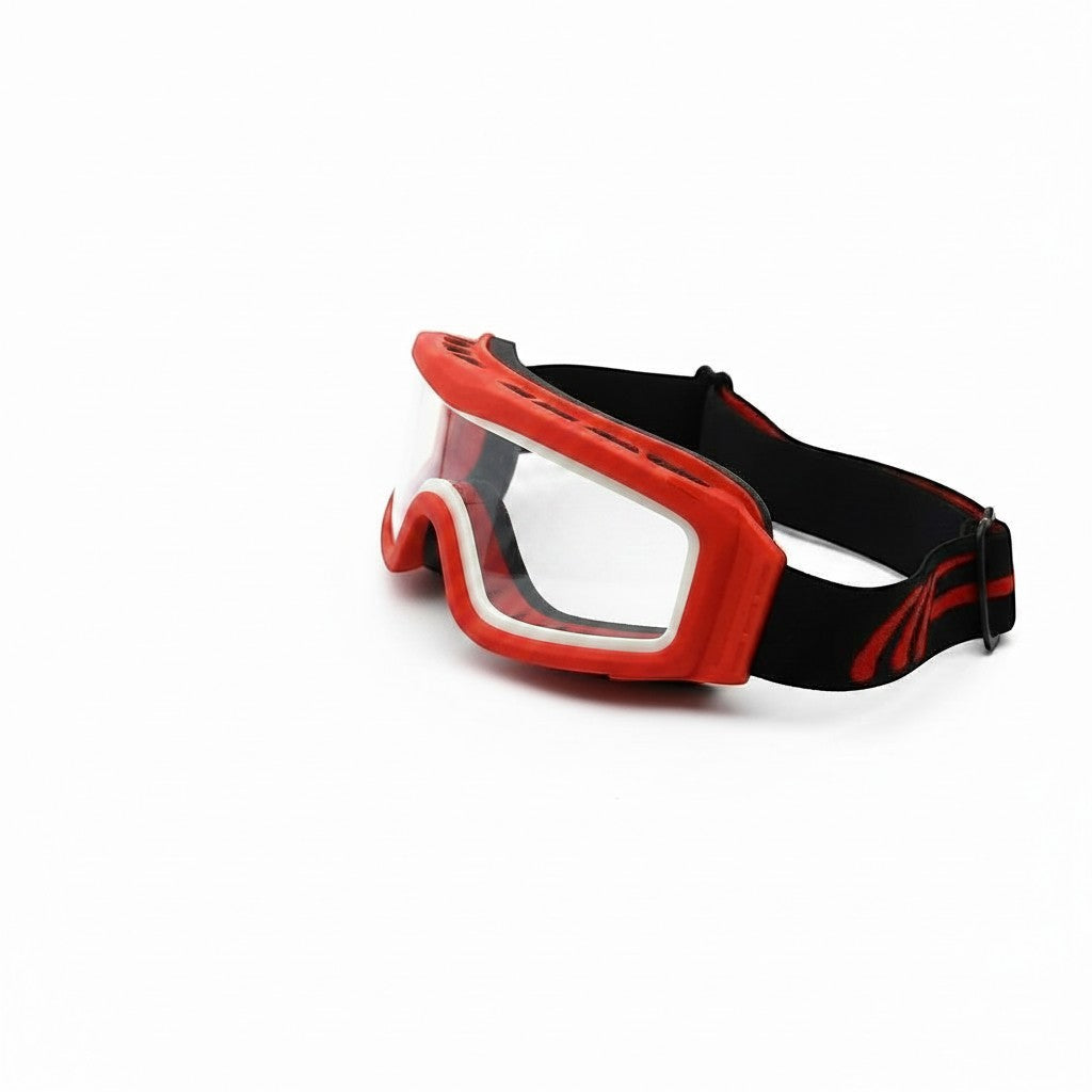 Gafas de seguridad GERF SAFETY ignífugas con montura roja de PVC, lente transparente antiniebla y cinta ajustable.
