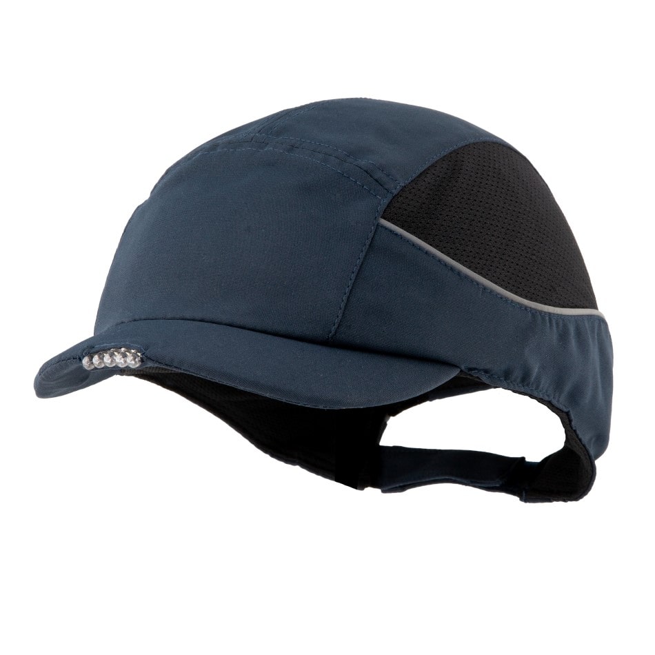 Gorra de seguridad GERF SAFETY Air+ 3 azul marino con 3 LEDs integrados, bandas reflectantes y ventilación lateral.