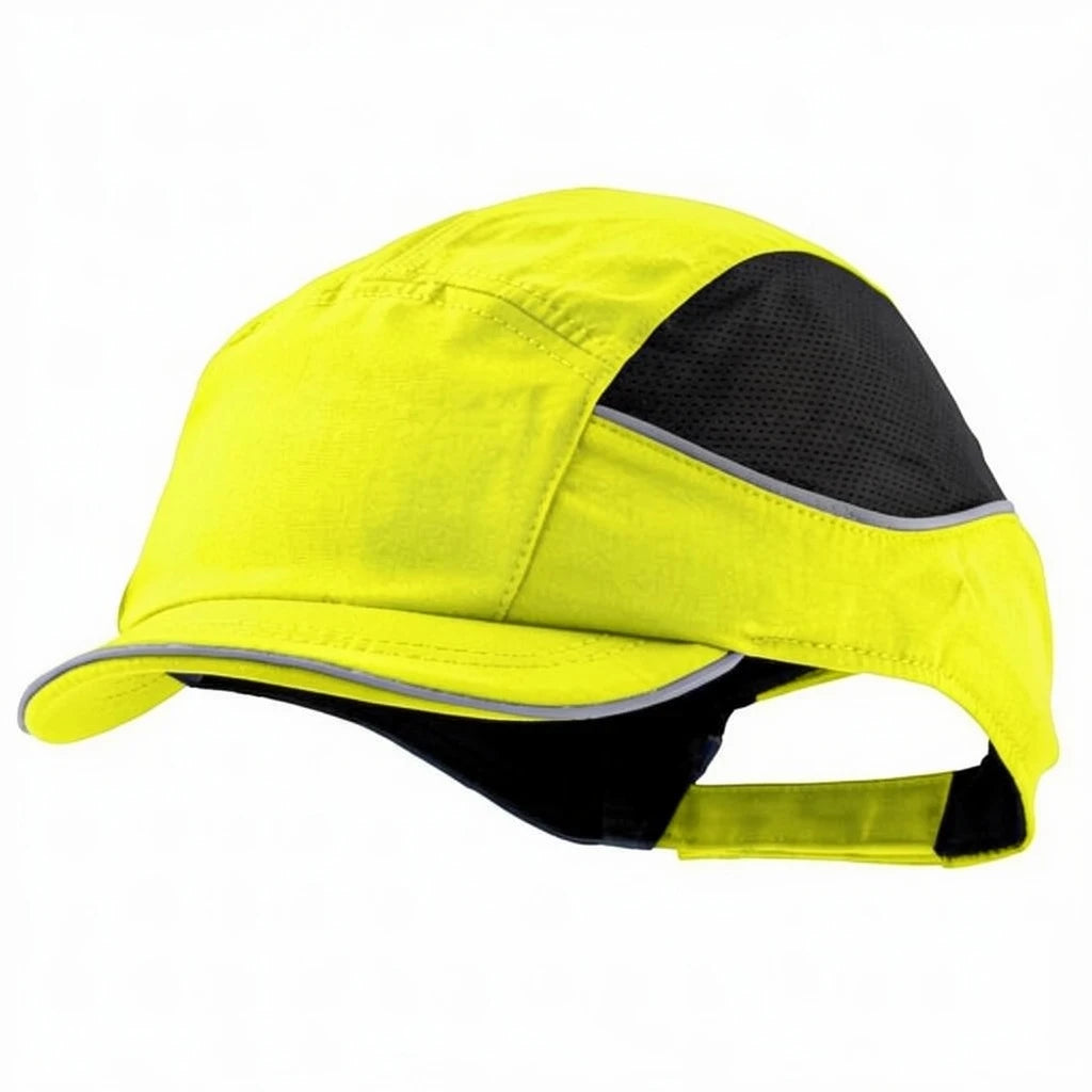 Gorra de seguridad GERF SAFETY Bump Cap Air+ amarilla y negra con bandas reflectantes y visera corta de 3 cm