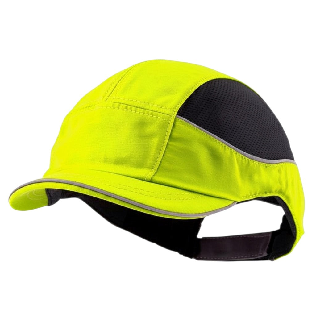 Gorra de seguridad GERF SAFETY Bump Cap Air+ amarilla y negra con visera corta y bandas reflectantes de alta visibilidad