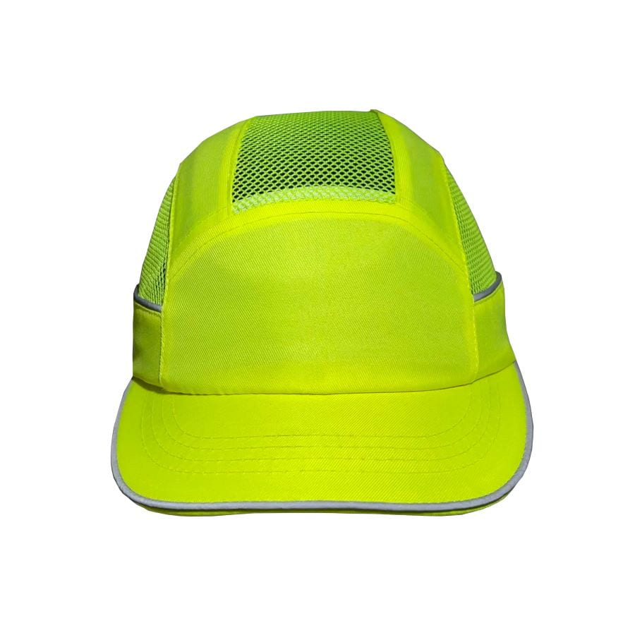 Gorra de seguridad GERF SAFETY amarilla fluorescente con bandas reflectantes, visera de 5 cm y malla de ventilación.