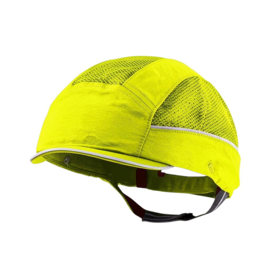 Gorra de seguridad GERF SAFETY Air Stream amarilla con bandas reflectantes, visera corta y ventilación lateral.