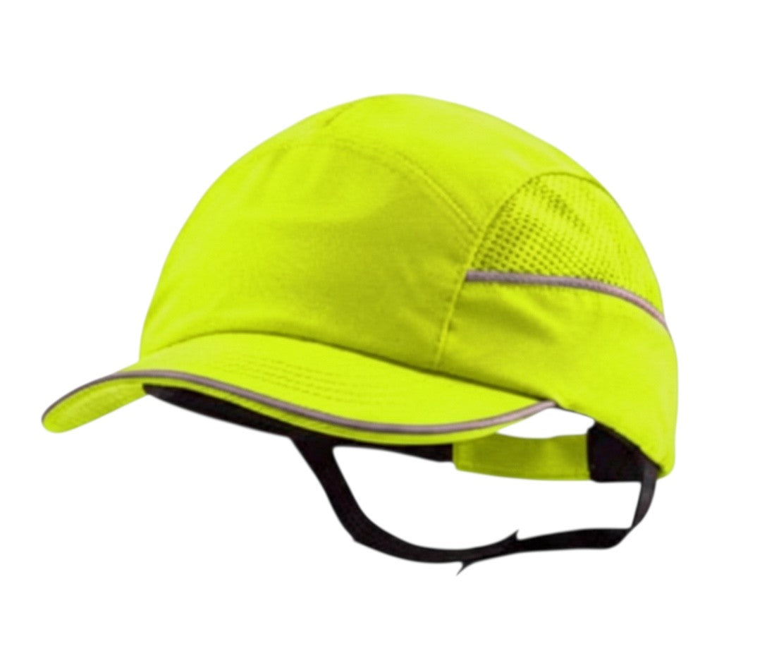 Gorra de seguridad GERF SAFETY amarilla fluorescente con bandas reflectantes, visera de 5 cm y carcasa ABS extraíble.