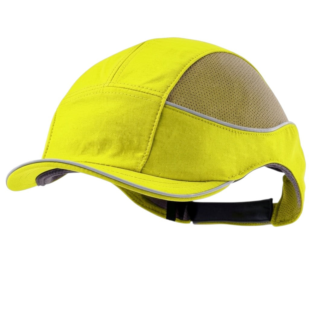 Gorra de seguridad GERF SAFETY Bump Cap Air+ amarilla con visera corta, paneles de malla transpirable y reflectantes.