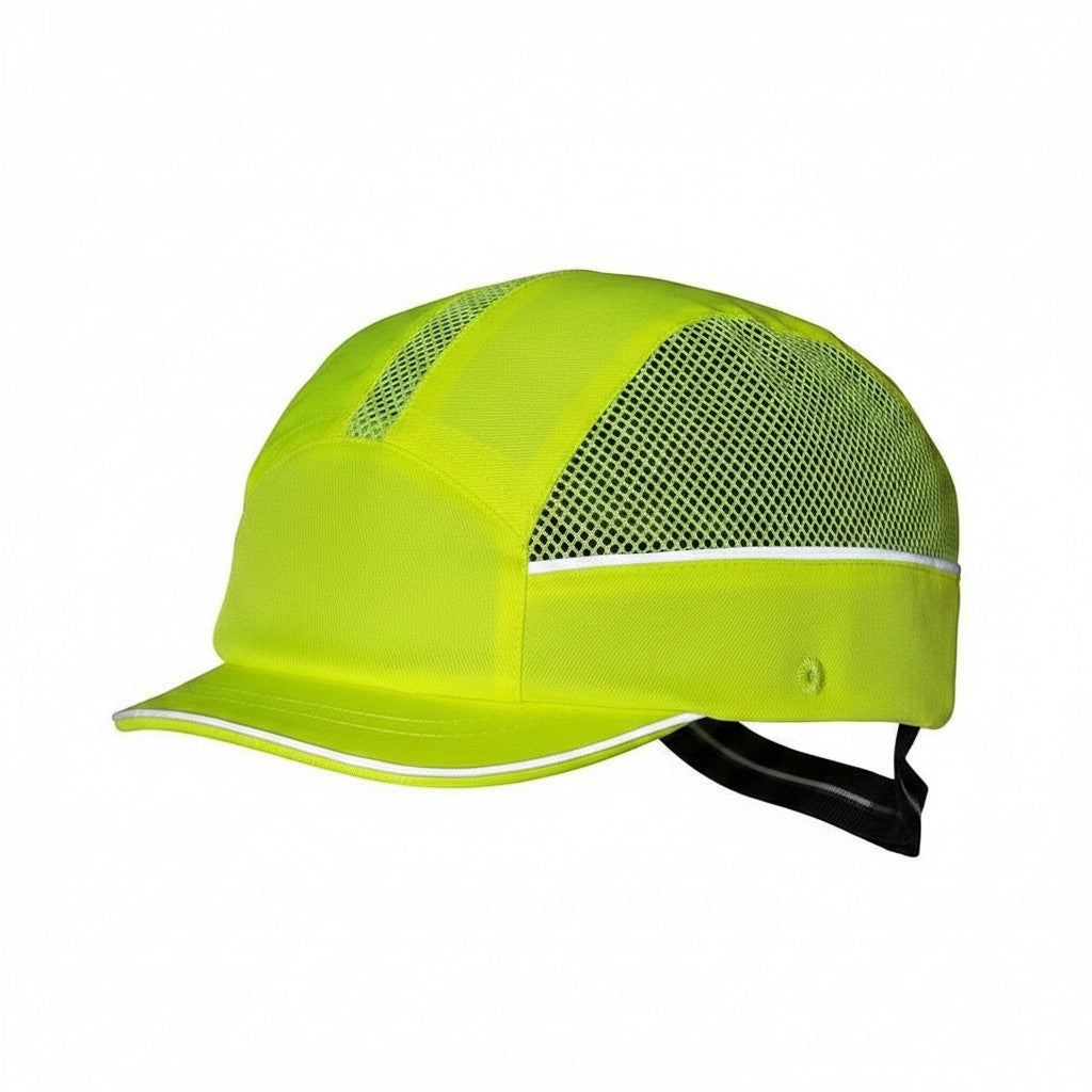 Gorra de seguridad GERF SAFETY amarillo fluorescente con bandas reflectantes, ventilación y carcasa protectora de ABS.