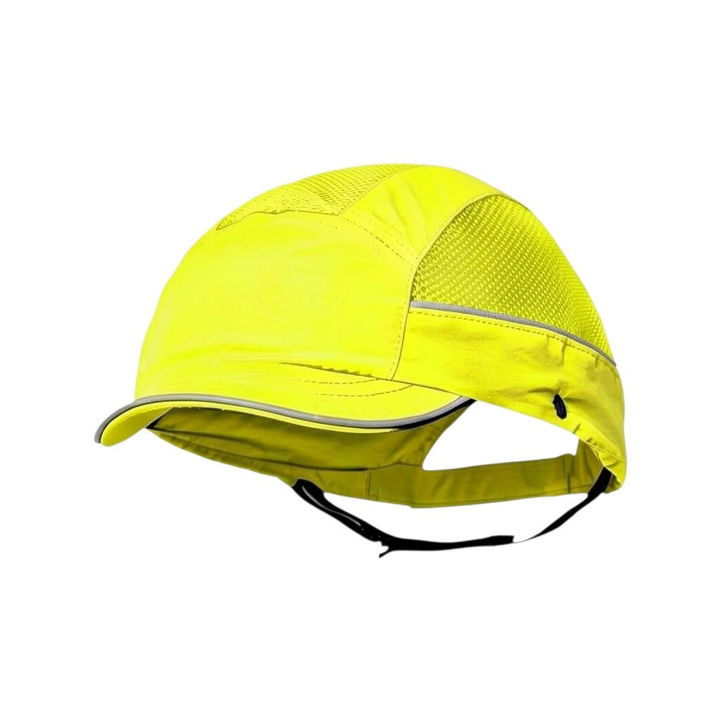 Gorra de seguridad GERF SAFETY Bump Cap Air Stream amarilla con visera de 3 cm, bandas reflectantes y ventilación.