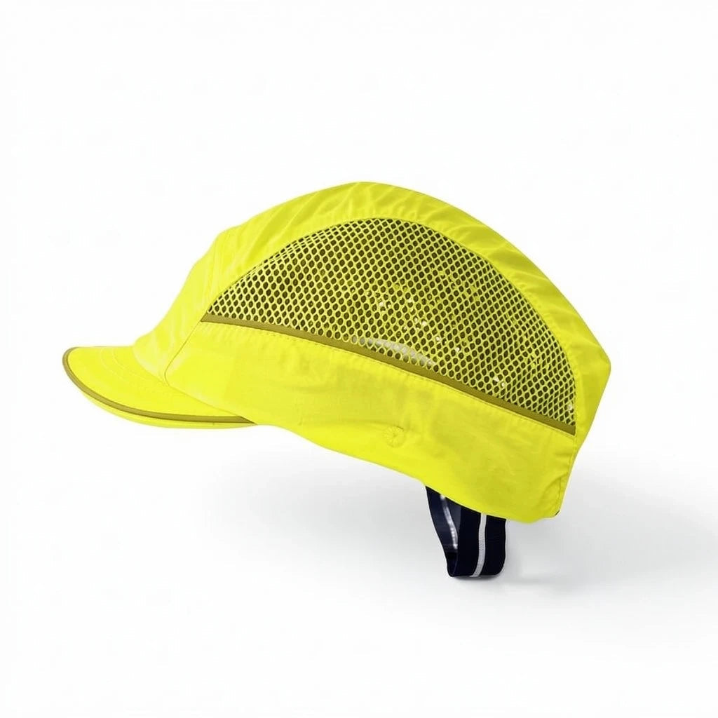 Gorra de seguridad GERF SAFETY Air Stream amarilla con visera de 3 cm, ventilación lateral y bandas reflectantes.